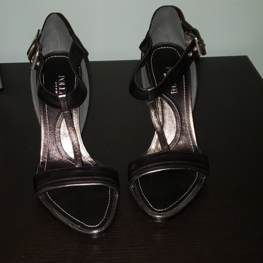 Pollini black and silver t-strap heels
